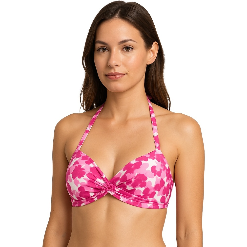 BISOU BISOU Pink & White Bikini Top Halter Neck Knot Front Womens Small
